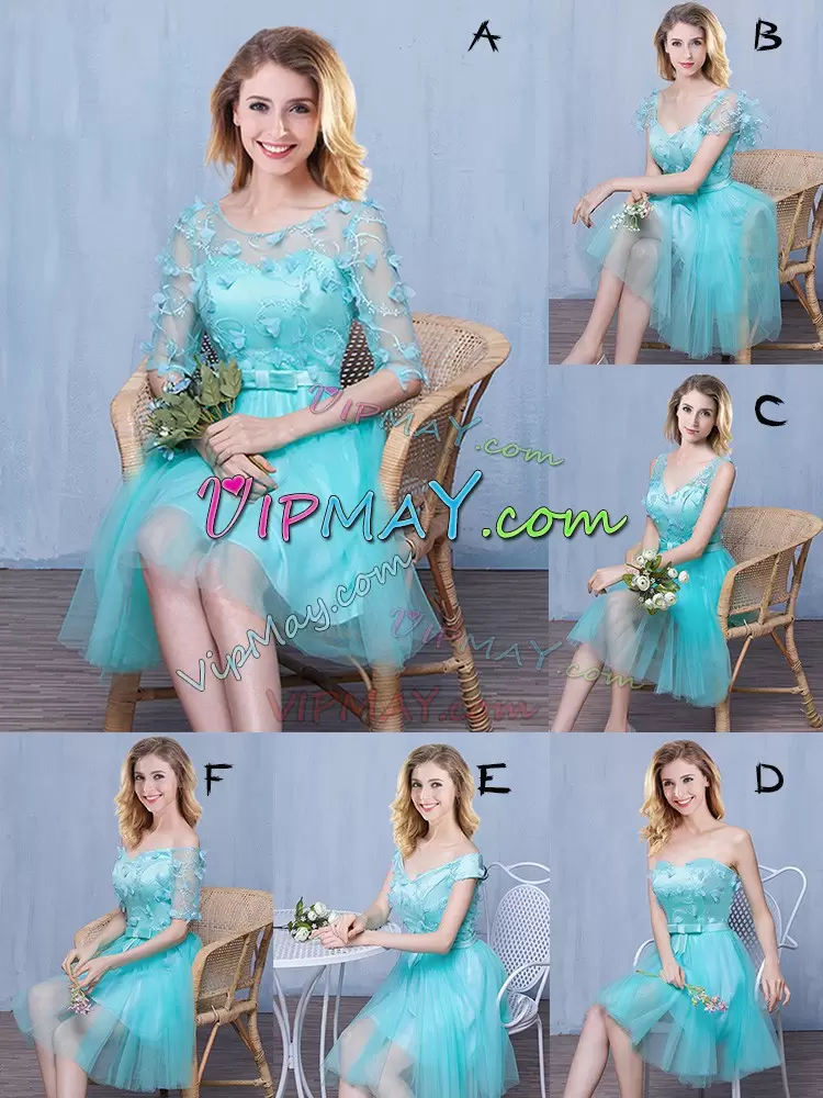 Attractive Scoop Half Sleeves Lace Up Bridesmaid Dress Aqua Blue Tulle Lace and Appliques and Bowknot