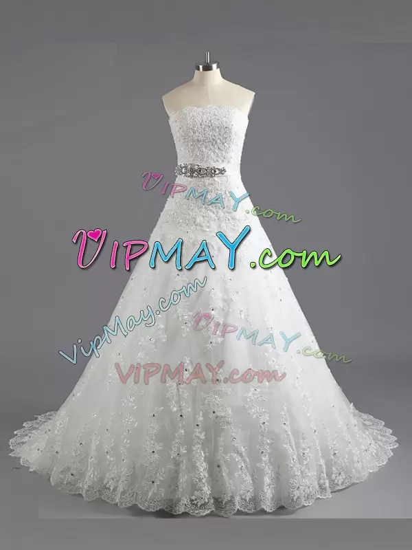 With Train White Wedding Gown Scalloped Sleeveless Court Train Lace Up