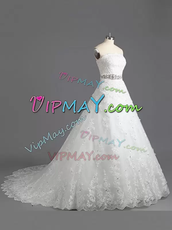 With Train White Wedding Gown Scalloped Sleeveless Court Train Lace Up