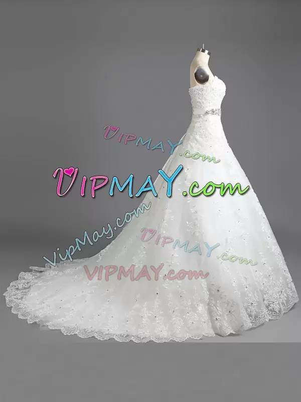 With Train White Wedding Gown Scalloped Sleeveless Court Train Lace Up