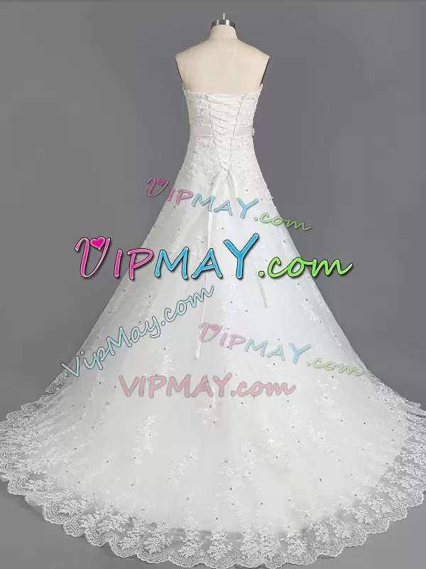 With Train White Wedding Gown Scalloped Sleeveless Court Train Lace Up