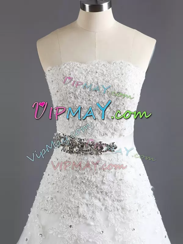 With Train White Wedding Gown Scalloped Sleeveless Court Train Lace Up