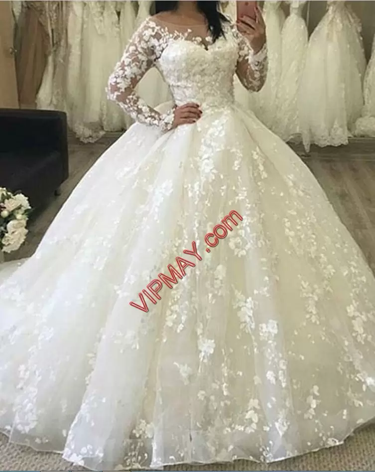 Long Sleeves Scoop Sweep Train Lace Lace Up Wedding Gown