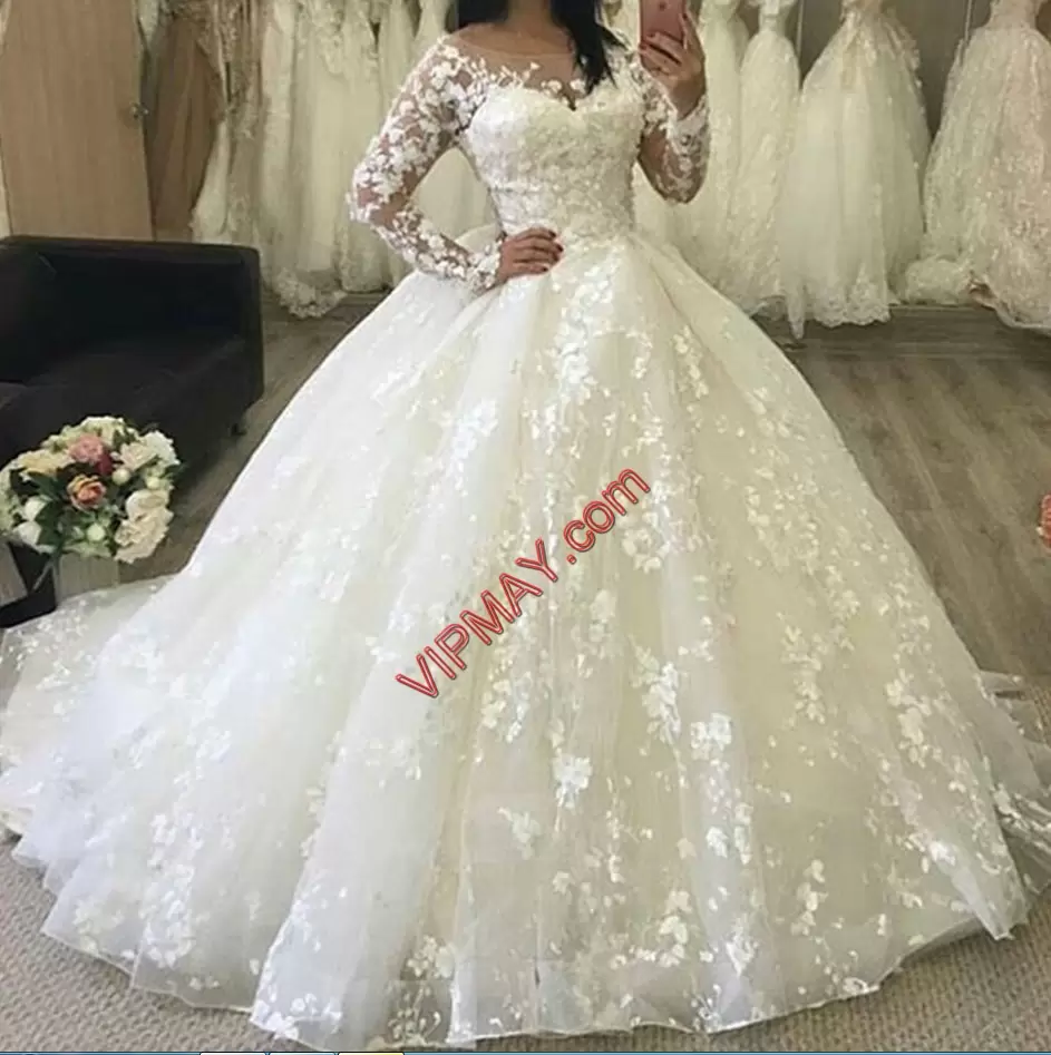 Long Sleeves Scoop Sweep Train Lace Lace Up Wedding Gown