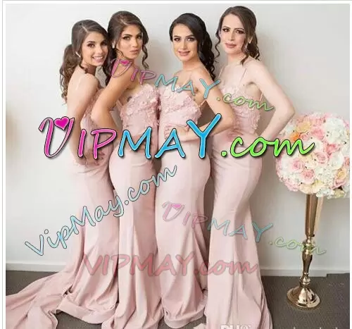 Sumptuous Pink Mermaid Satin Spaghetti Straps Sleeveless Ruching Lace Up Bridesmaid Dress Court Train