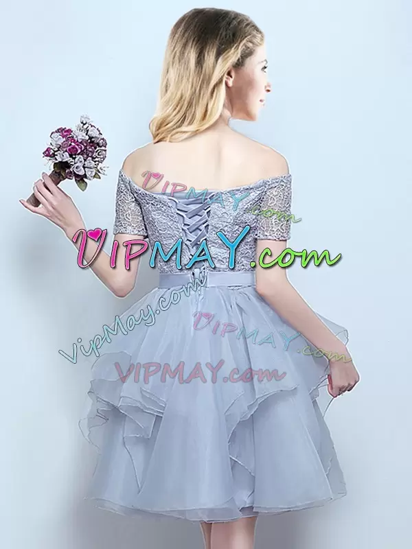 Discount Grey Off The Shoulder Neckline Lace and Ruffles and Belt Bridesmaids Dress Short Sleeves Lace Up