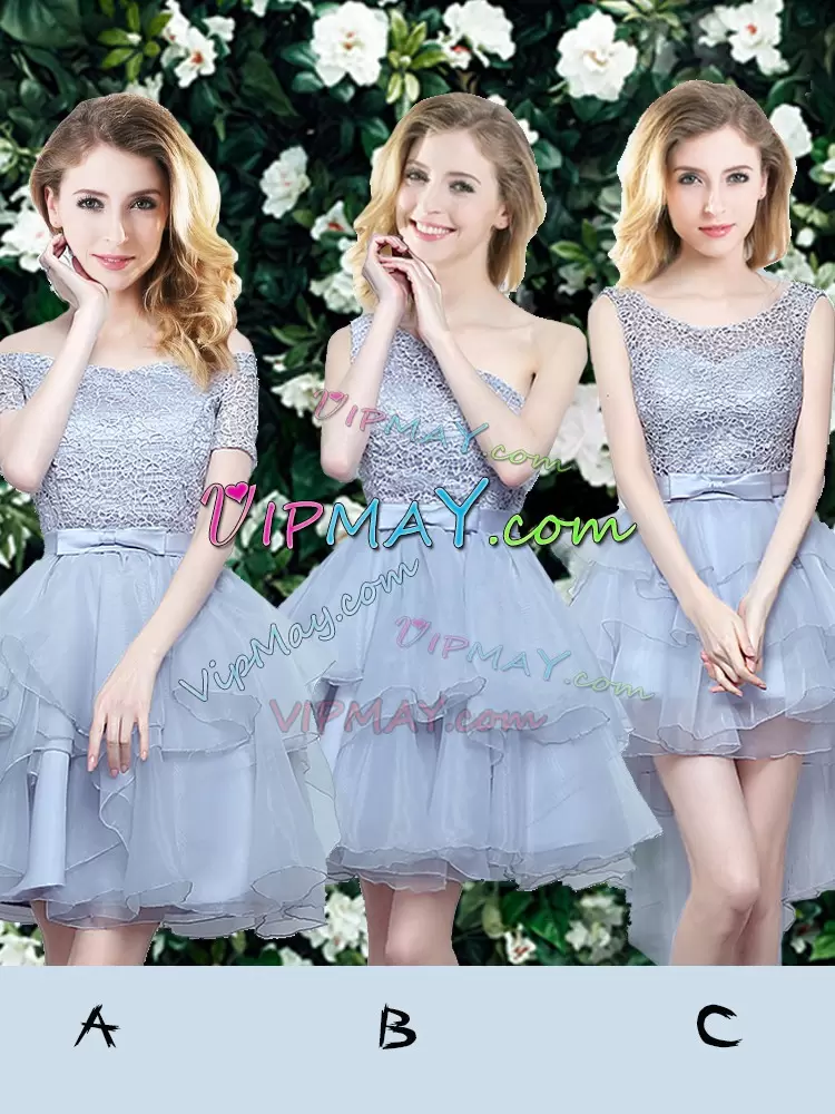 Discount Grey Off The Shoulder Neckline Lace and Ruffles and Belt Bridesmaids Dress Short Sleeves Lace Up