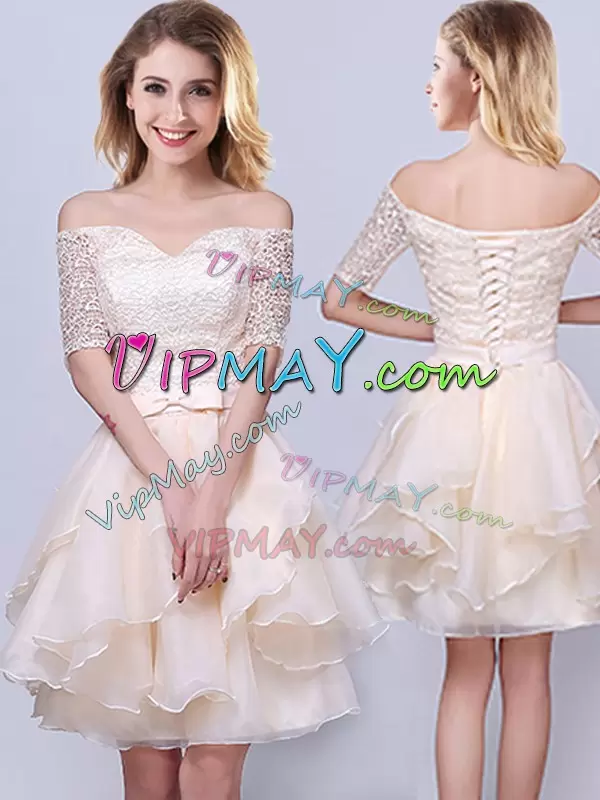 Luxury Mini Length A-line Short Sleeves Champagne Vestidos de Damas Lace Up