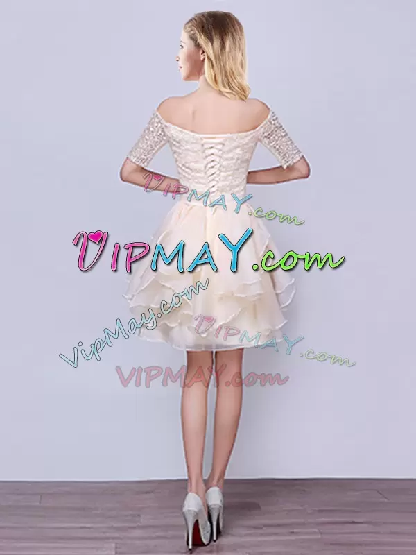 Luxury Mini Length A-line Short Sleeves Champagne Vestidos de Damas Lace Up