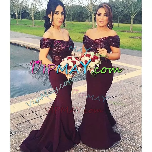 With Train Lace Up Wedding Party Dress Burgundy for Prom and Party and Wedding Party with Sequins Sweep Train