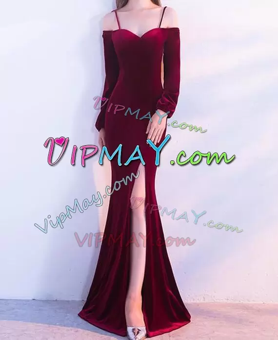 Chic Spaghetti Straps Long Sleeves Wedding Party Dress Floor Length Beading and Lace Red and Burgundy Satin