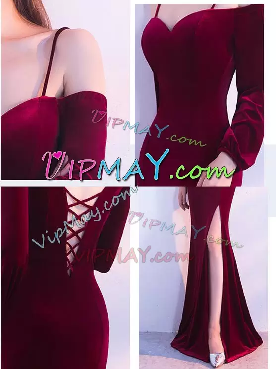 Chic Spaghetti Straps Long Sleeves Wedding Party Dress Floor Length Beading and Lace Red and Burgundy Satin