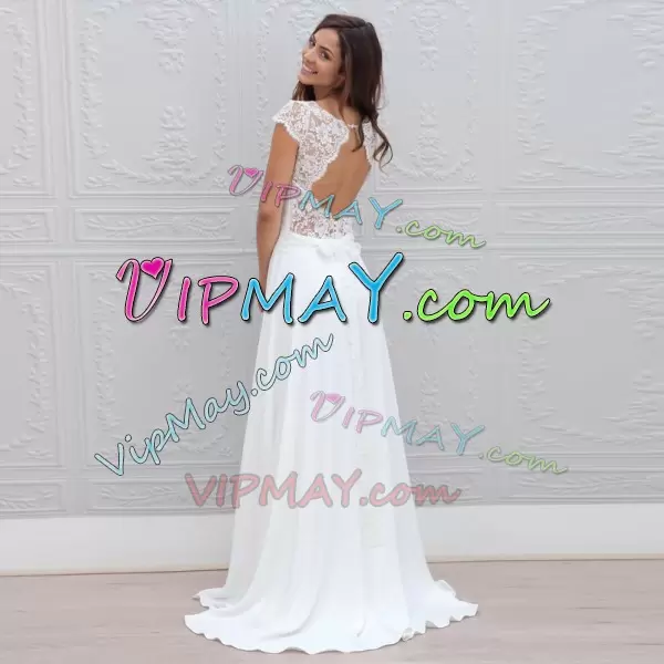 White Short Sleeves Floor Length Lace and Appliques Backless Wedding Dress Scoop