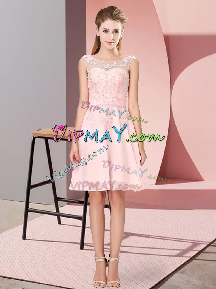 Empire Quinceanera Court of Honor Dress Baby Pink Scoop Chiffon Sleeveless Knee Length Zipper