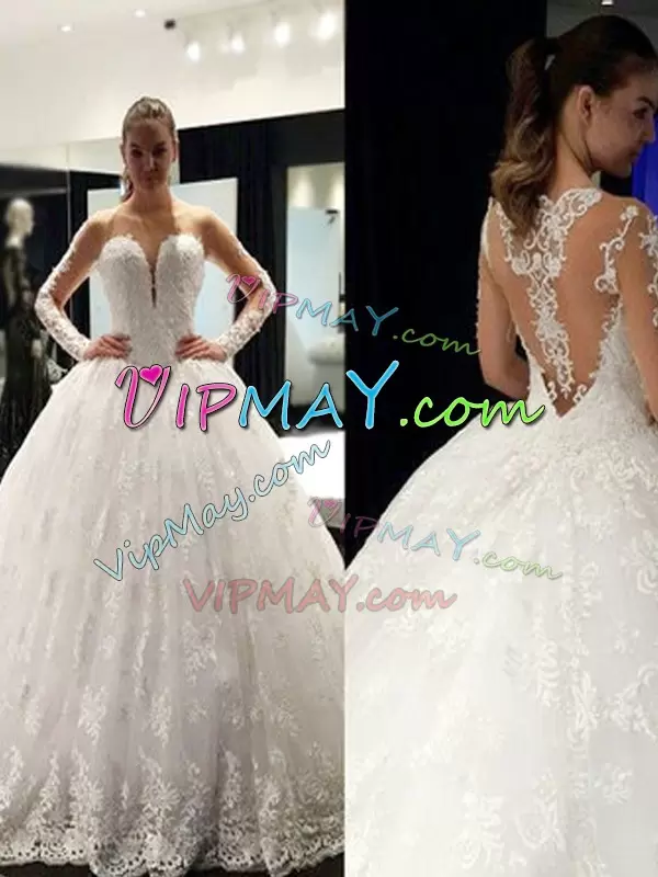 Floor Length White Wedding Dresses Lace Long Sleeves Lace