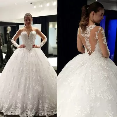 Floor Length White Wedding Dresses Lace Long Sleeves Lace