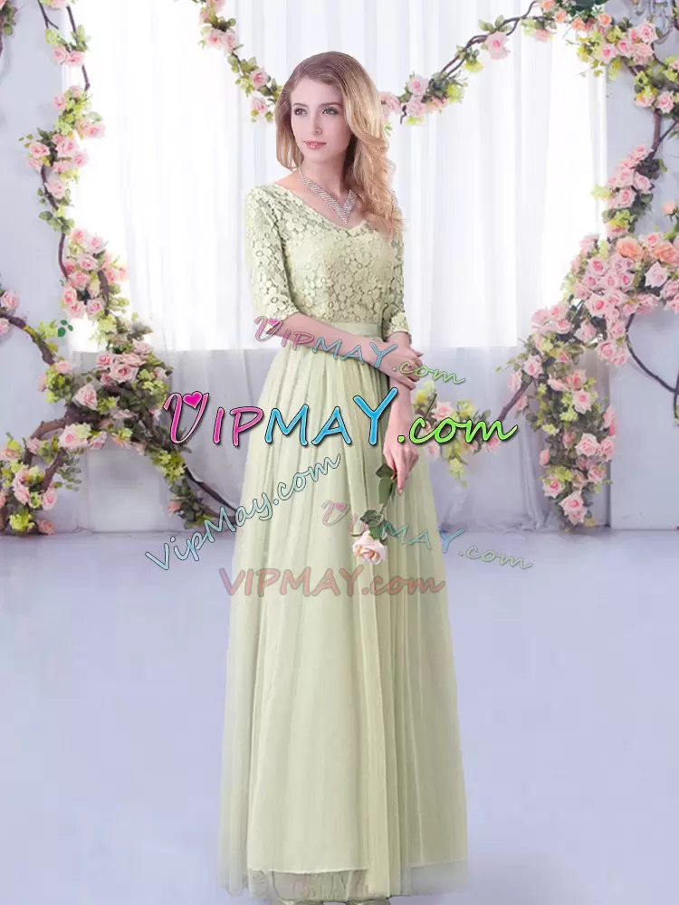 High Class Tulle V-neck Half Sleeves Side Zipper Lace and Belt Bridesmaid Dress in Yellow Green