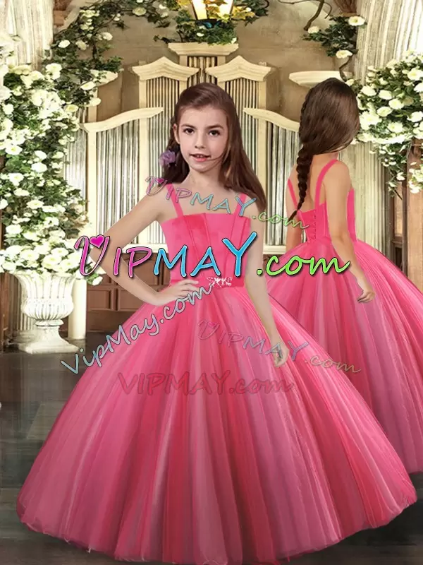 Straps Sleeveless High School Pageant Dress Floor Length Beading Hot Pink Tulle