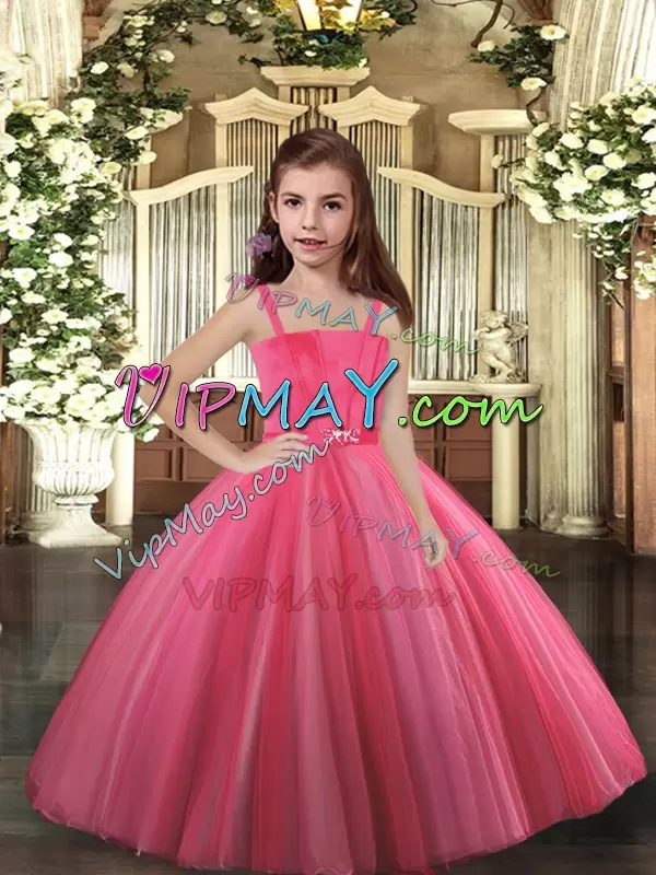 Straps Sleeveless High School Pageant Dress Floor Length Beading Hot Pink Tulle