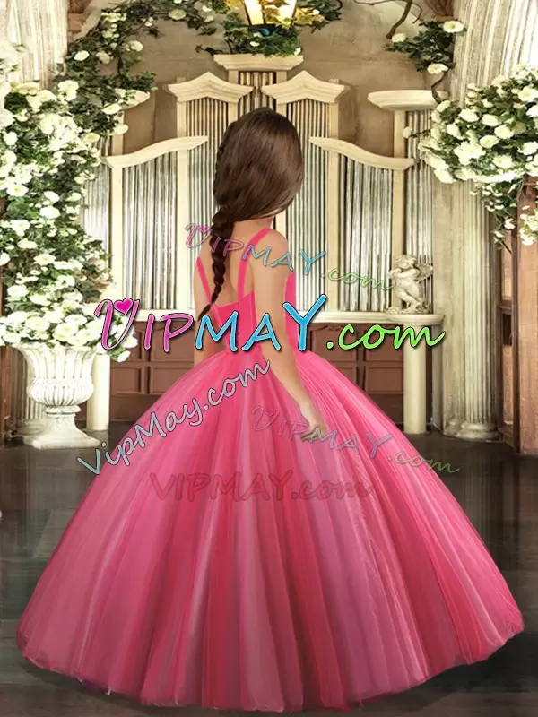 Straps Sleeveless High School Pageant Dress Floor Length Beading Hot Pink Tulle