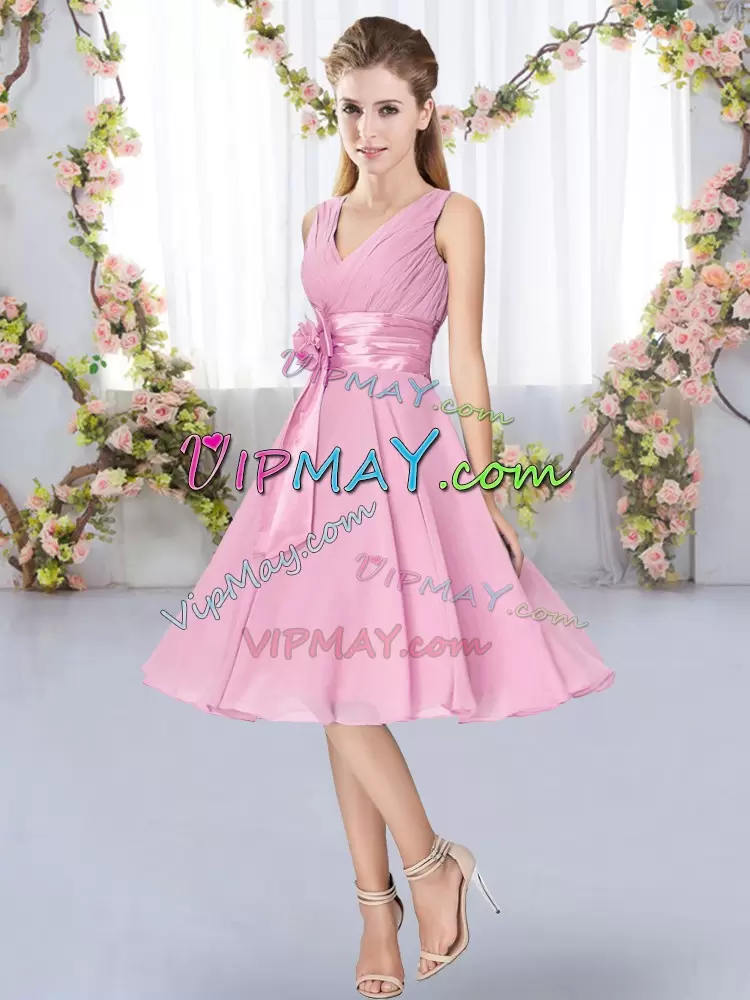 Smart Rose Pink V-neck Lace Up Hand Made Flower Wedding Party Dress Sleeveless