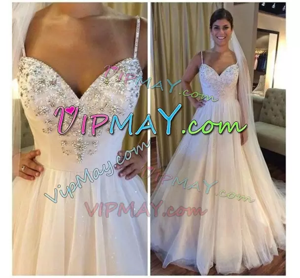 Brush Train A-line Wedding Dress White Spaghetti Straps Tulle Sleeveless With Train Lace Up