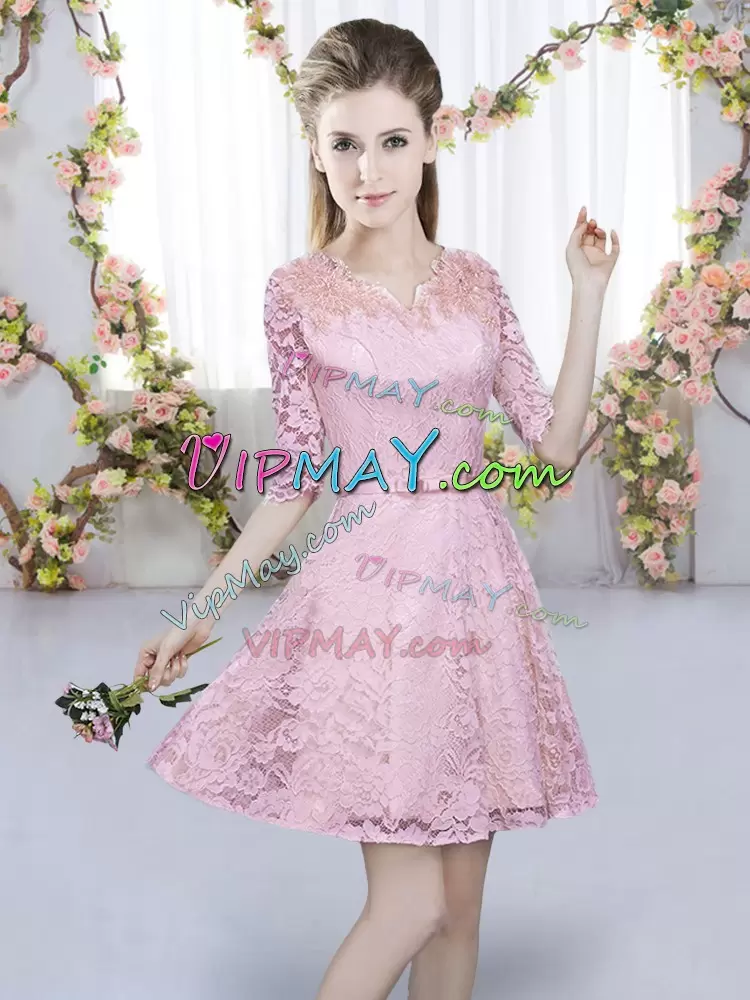 Lace V-neck Half Sleeves Zipper Belt Bridesmaid Dress in Pink