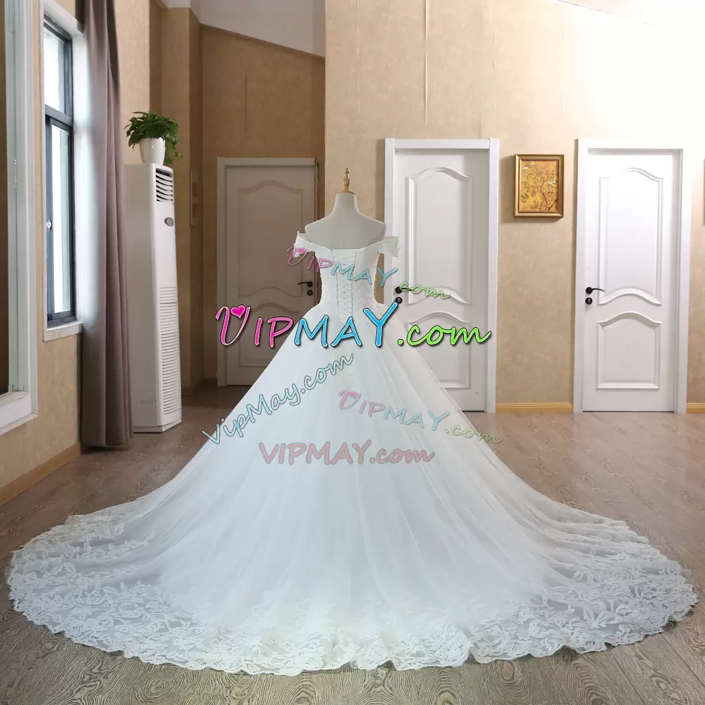 Off The Shoulder Cap Sleeves Tulle Wedding Gown Appliques Court Train Lace Up