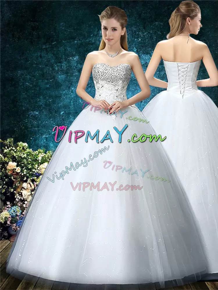 Spectacular Sweetheart Sleeveless Tulle Wedding Dress Beading and Embroidery Lace Up