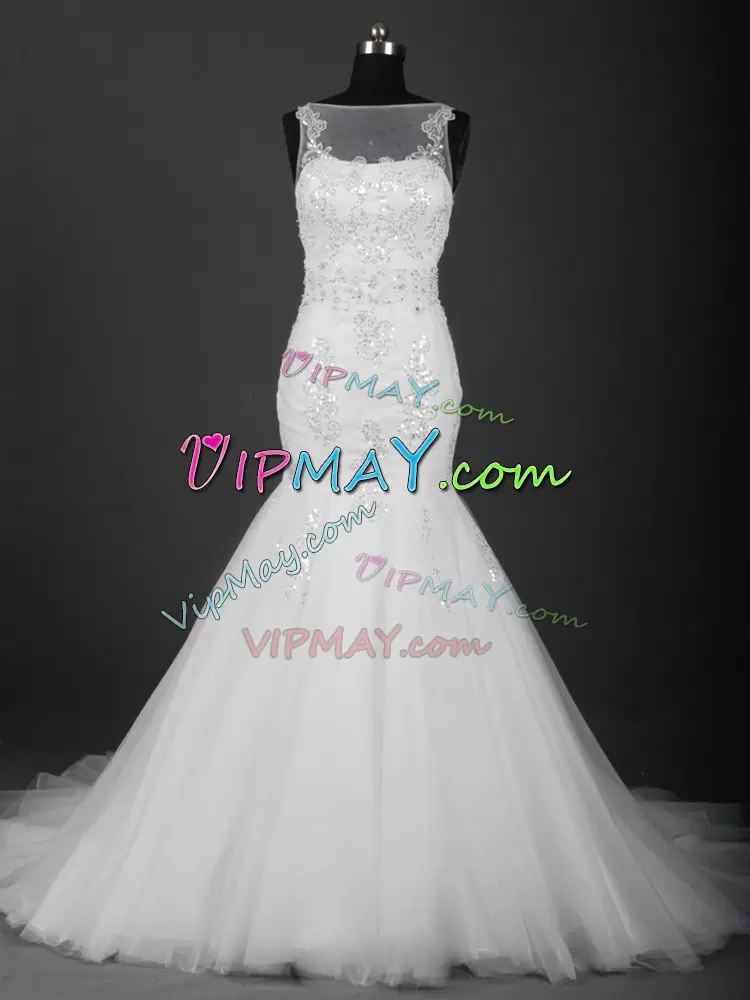 Super White Mermaid Tulle Scoop Sleeveless Appliques Zipper Wedding Gowns Brush Train