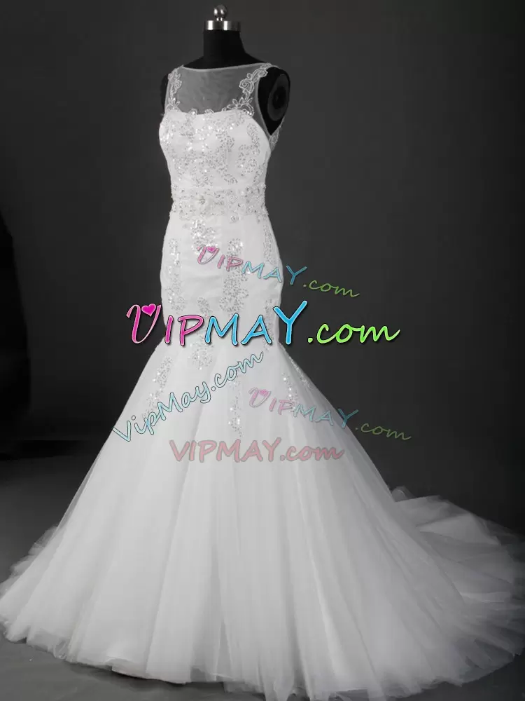 Super White Mermaid Tulle Scoop Sleeveless Appliques Zipper Wedding Gowns Brush Train