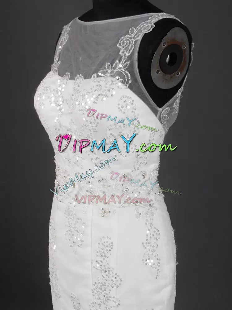 Super White Mermaid Tulle Scoop Sleeveless Appliques Zipper Wedding Gowns Brush Train