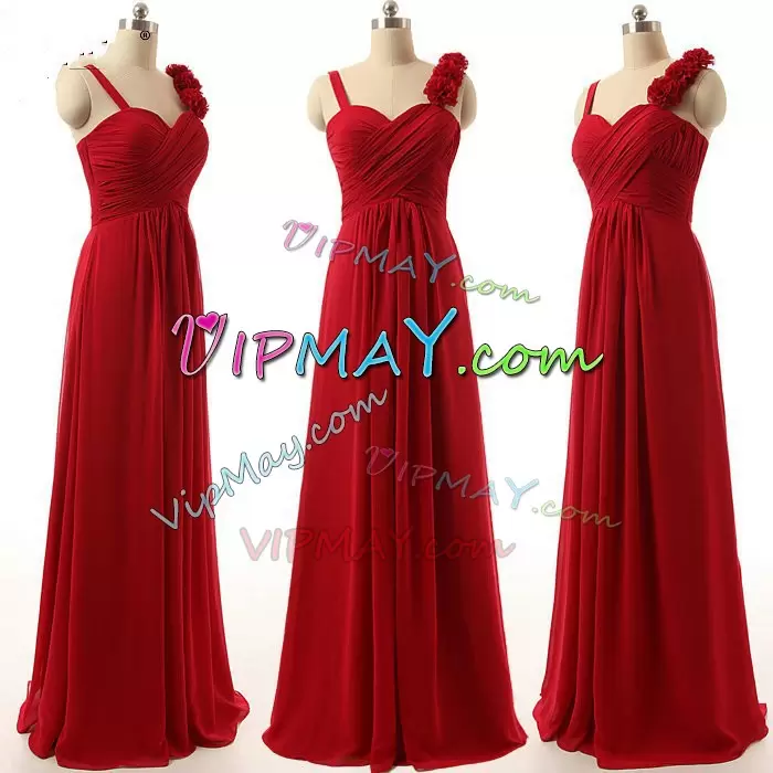 Dramatic Straps Sleeveless Bridesmaid Dress Floor Length Hand Made Flower Red Chiffon