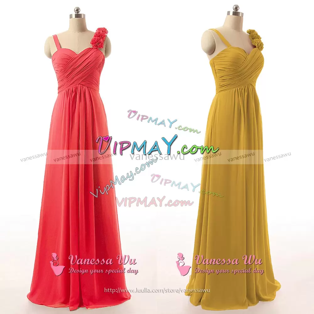 Dramatic Straps Sleeveless Bridesmaid Dress Floor Length Hand Made Flower Red Chiffon