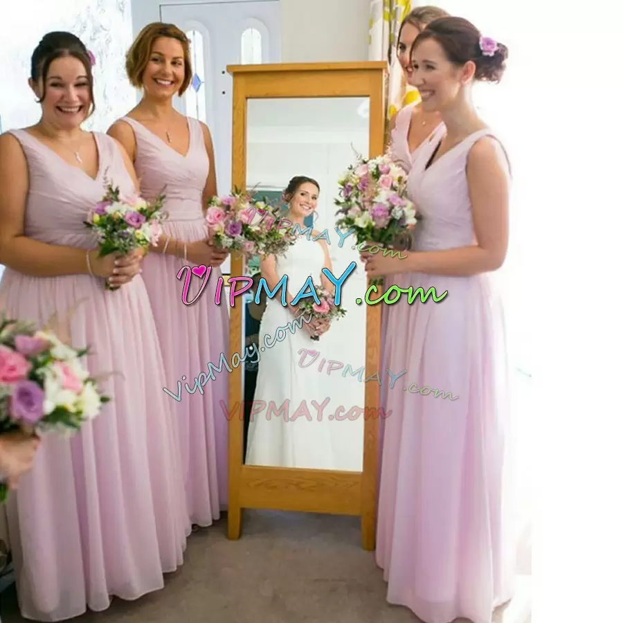 Fancy Floor Length Bridesmaid Dresses Pink for Party and Wedding Party with Ruching