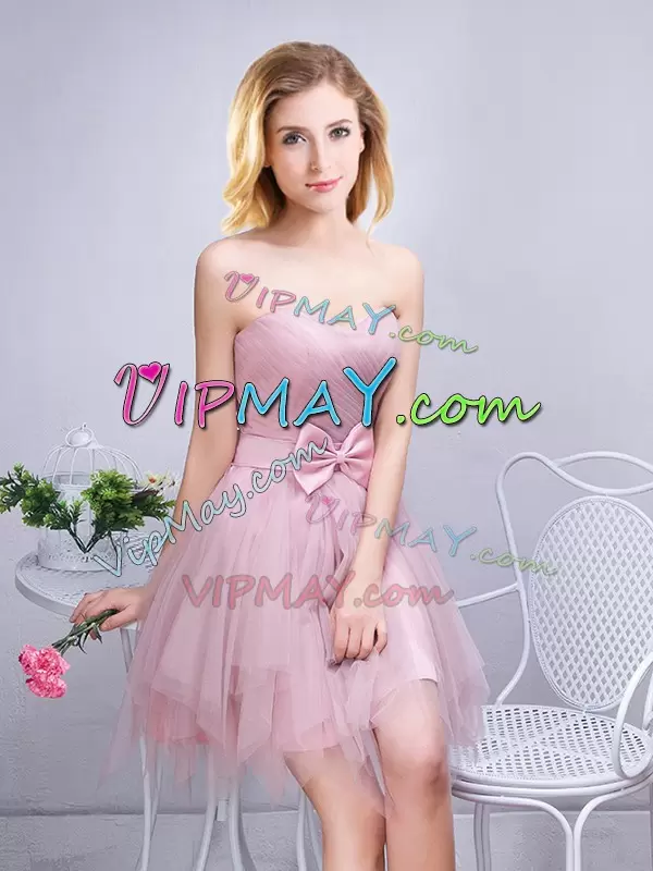 Pink Tulle Lace Up Scoop Sleeveless Mini Length Damas Dress Ruffles and Ruching and Bowknot and Hand Made Flower