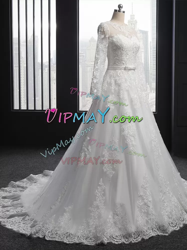 Beauteous White Scoop Neckline Lace Wedding Dress Long Sleeves Lace Up