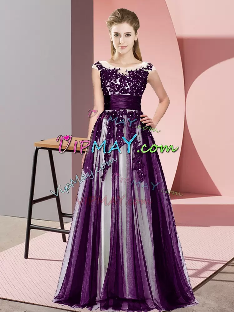 Scoop Sleeveless Wedding Guest Dresses Floor Length Beading and Lace Dark Purple Tulle