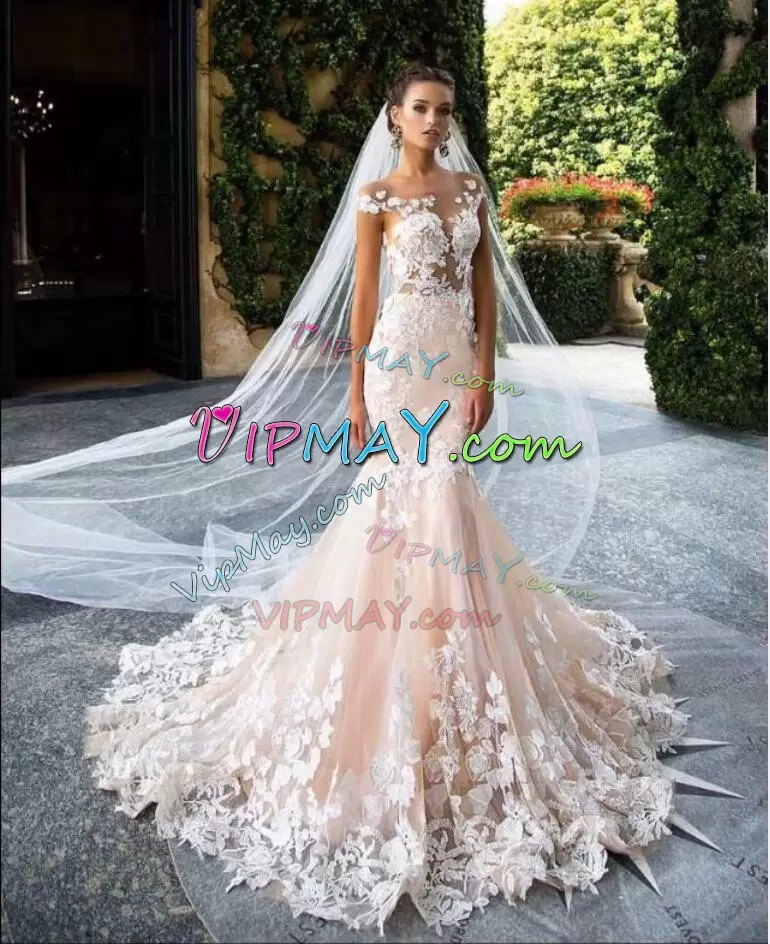 Custom Made Off The Shoulder Sleeveless Sweep Train Zipper Wedding Gowns Pink Tulle Appliques