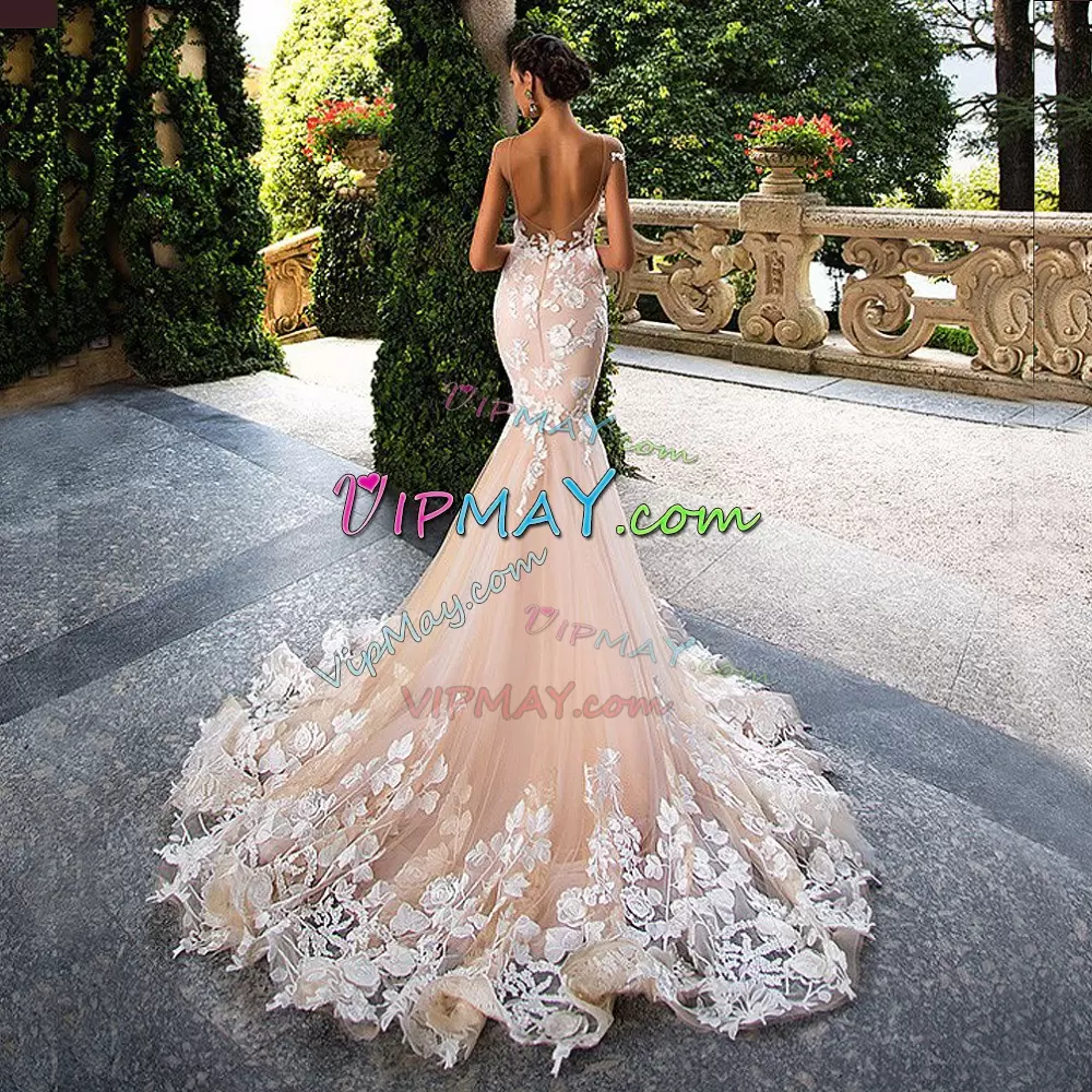 Custom Made Off The Shoulder Sleeveless Sweep Train Zipper Wedding Gowns Pink Tulle Appliques