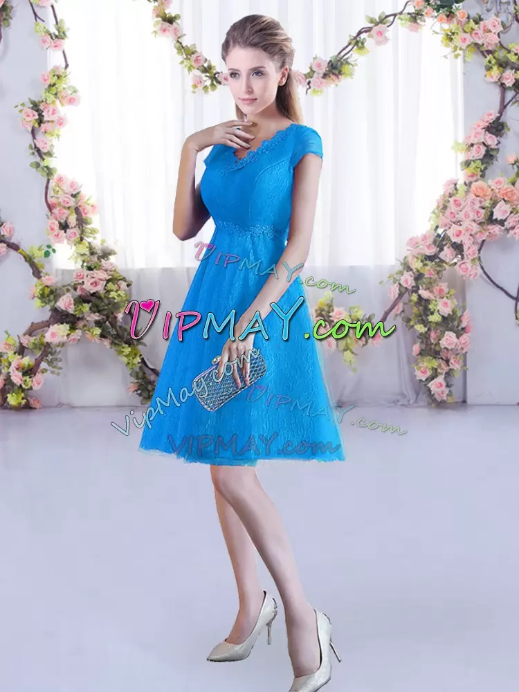 Enchanting V-neck Cap Sleeves Lace Up Wedding Guest Dresses Baby Blue Lace Lace