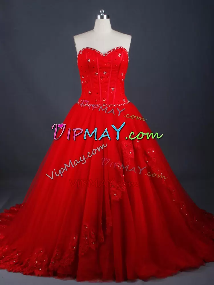 Red Sleeveless Brush Train Appliques Wedding Dresses