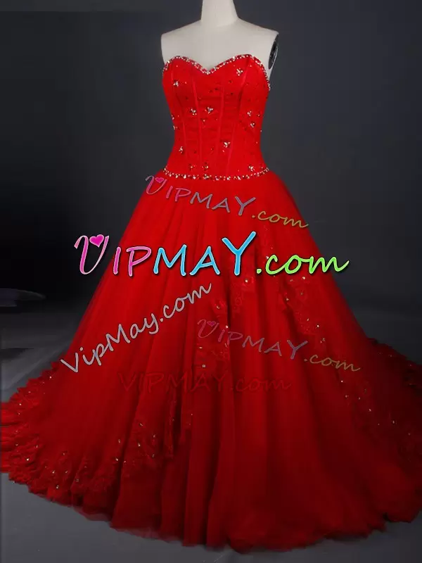 Red Sleeveless Brush Train Appliques Wedding Dresses