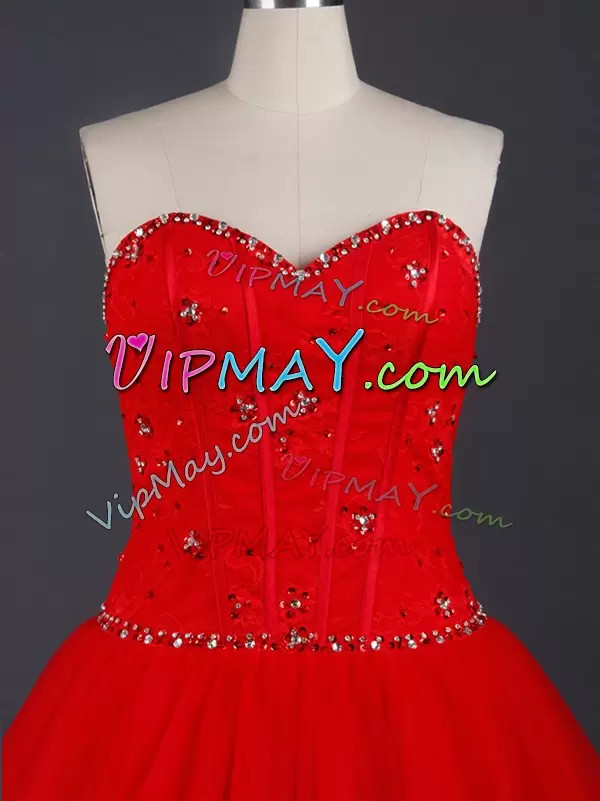 Red Sleeveless Brush Train Appliques Wedding Dresses