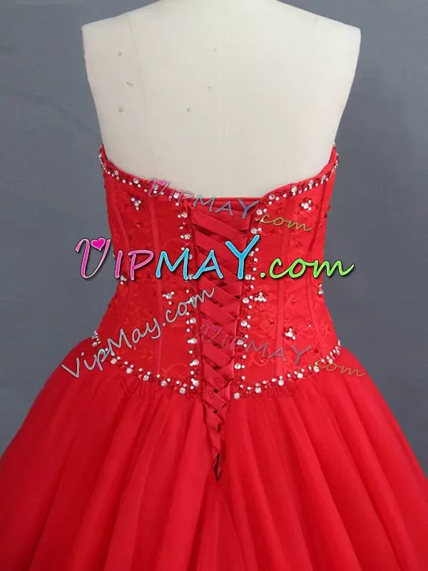 Red Sleeveless Brush Train Appliques Wedding Dresses