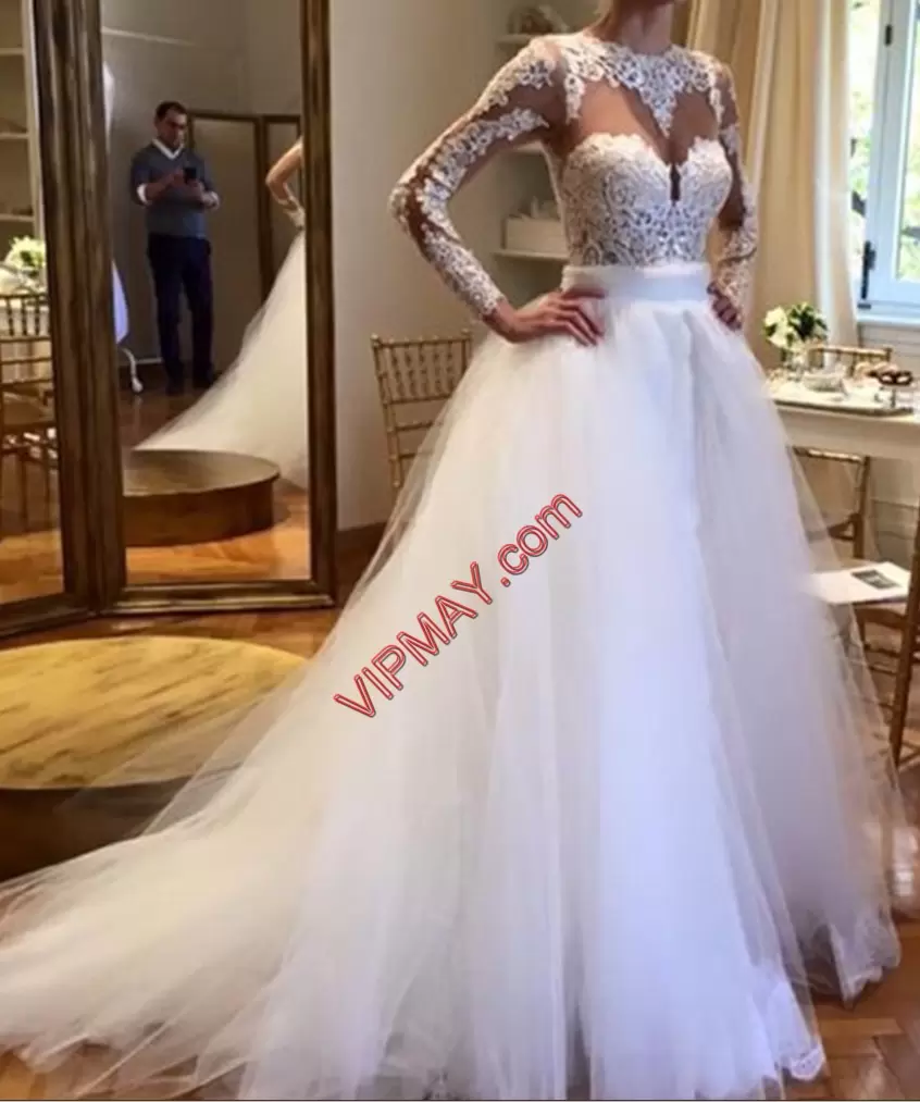 High End Bateau Long Sleeves Tulle Bridal Gown Lace and Belt Sweep Train Lace Up