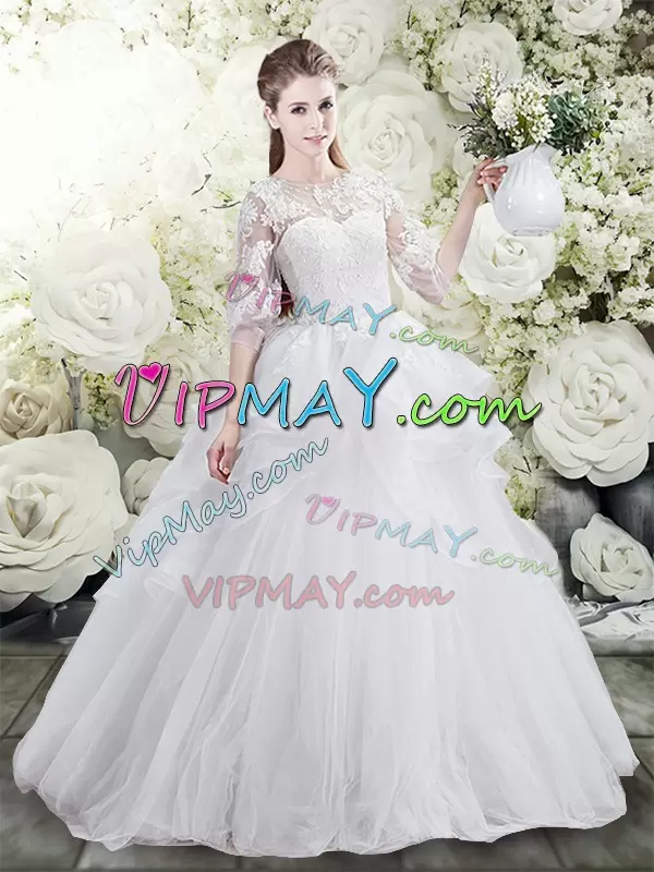 Extravagant White Lace Up Scoop Lace and Ruffles Wedding Dress Tulle Half Sleeves Brush Train