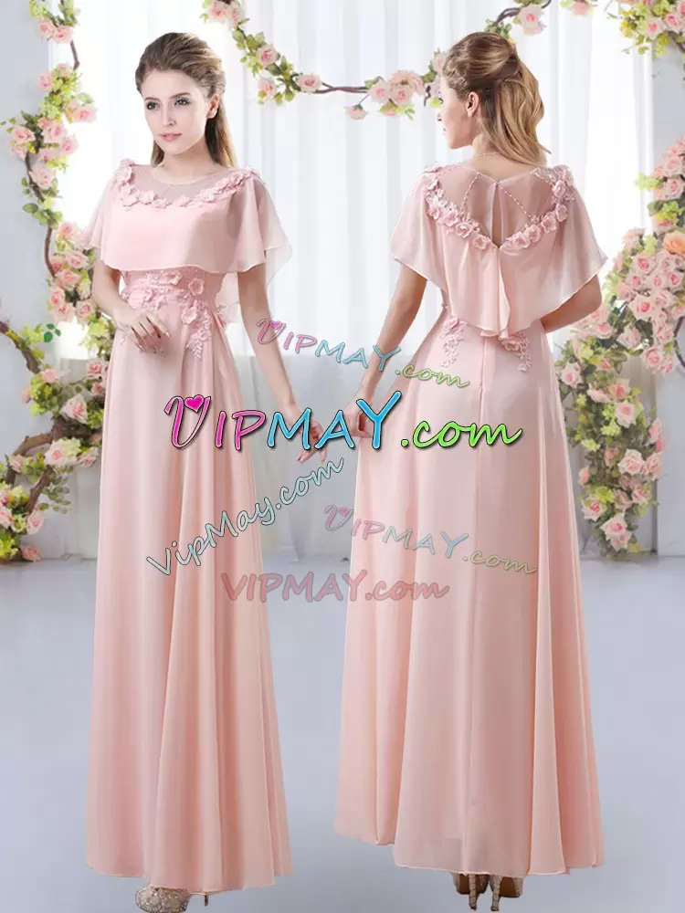 Chiffon Scoop Short Sleeves Zipper Appliques Bridesmaid Gown in Pink