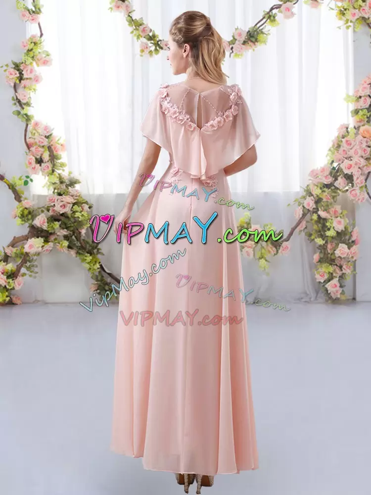 Chiffon Scoop Short Sleeves Zipper Appliques Bridesmaid Gown in Pink