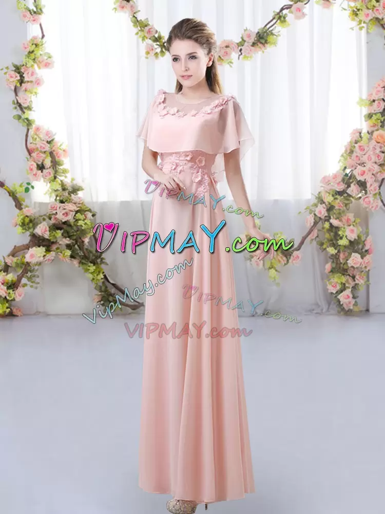 Chiffon Scoop Short Sleeves Zipper Appliques Bridesmaid Gown in Pink